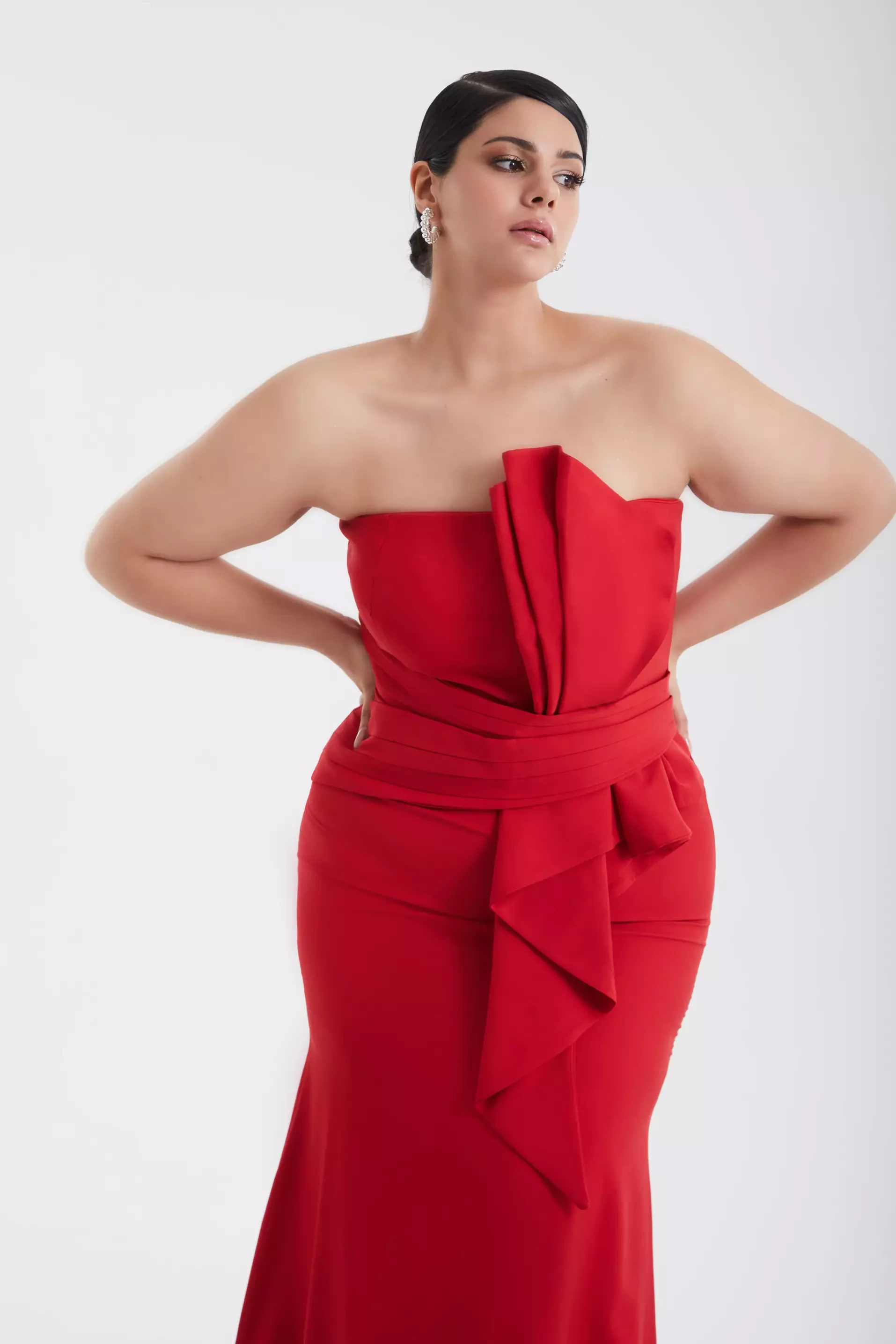 Red plus size crepe strapless maxi dress