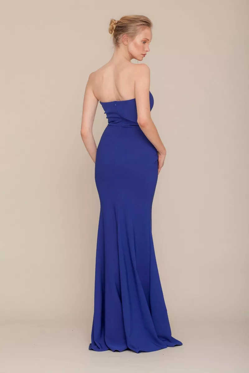 Blue crepe strapless maxi dress